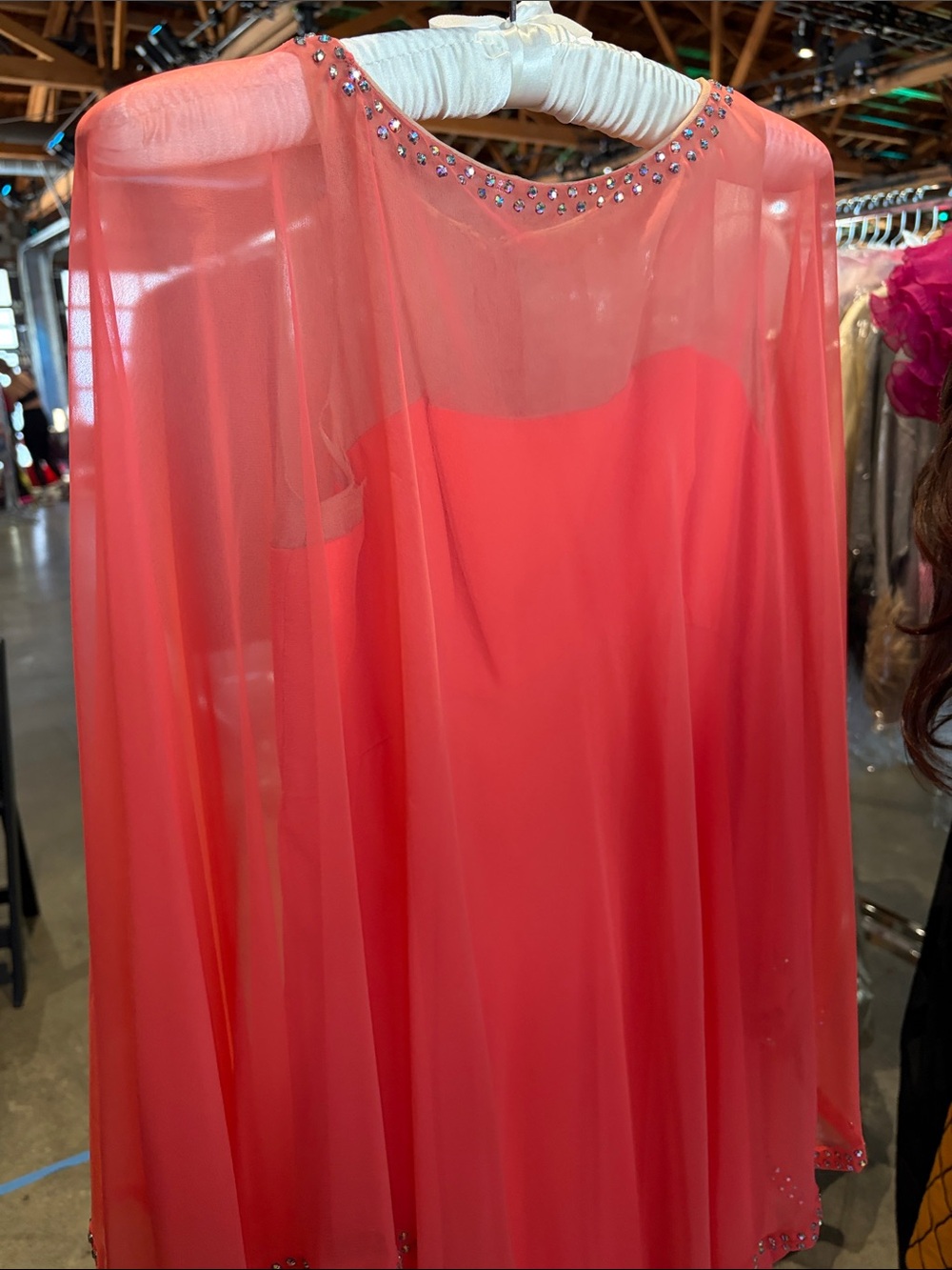 Embellished Coral Sheer Cape Dress - Women